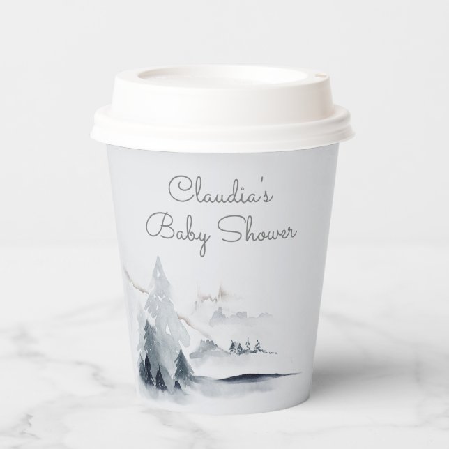 Winter Woodland Forest Modern Script Baby Shower Paper Cups (Front)
