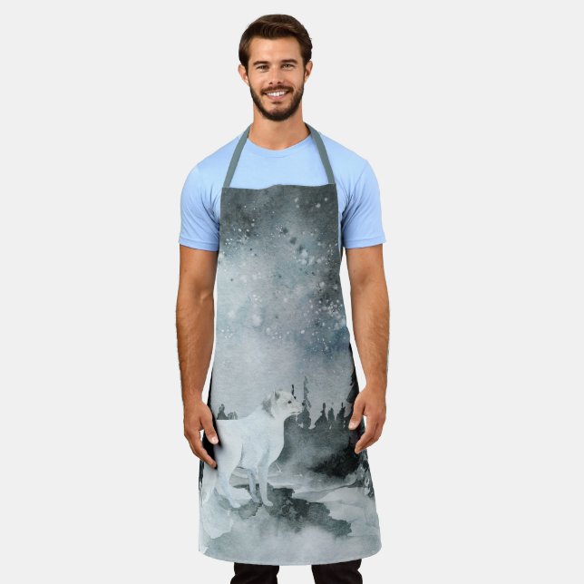 Winter Woodland Forest Night Sky White Arctic Fox Apron (Worn)
