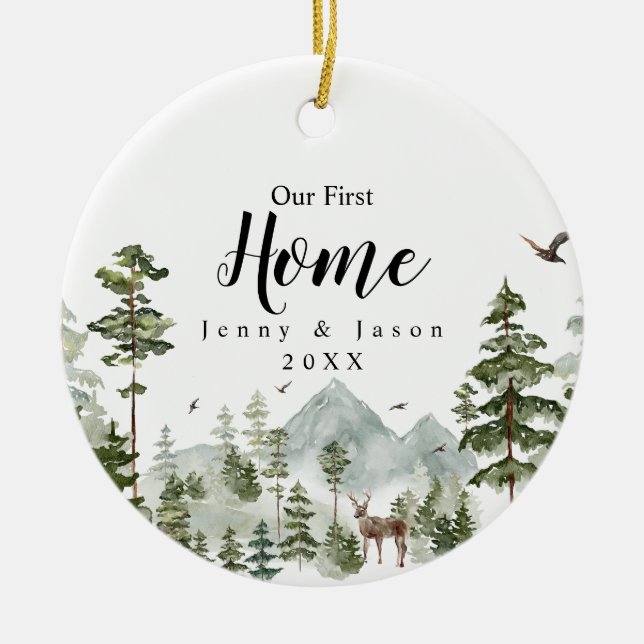 Winter Woodland Forest Our First Home Ceramic Ornament (Front)