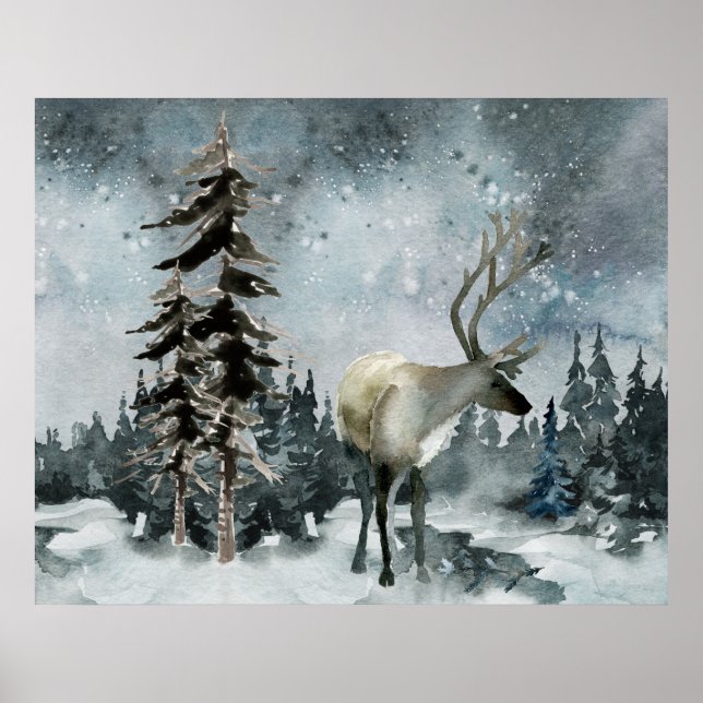 Winter Woodland Forest Stade Deer Night Sky Poster (Devant)
