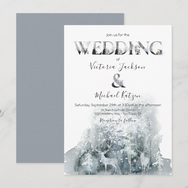 Winter woodland forest watercolor wedding invitation (Front/Back)