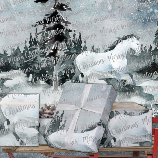 Winter Woodland Forest White Horse Merry Christmas Wrapping Paper (Winter Woodland Forest White Horse Merry Christmas in Silver Calligraphy Holiday Gift Wrapping Rolls)