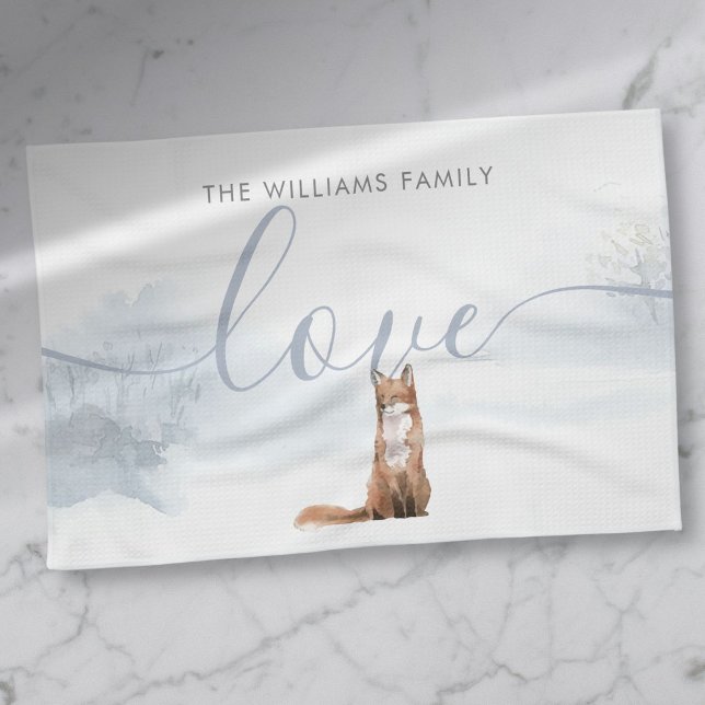 Winter Woodland Fox Family Name Love Kitchen Towel (Winter Woodland Fox Family Name Love Kitchen Towel)