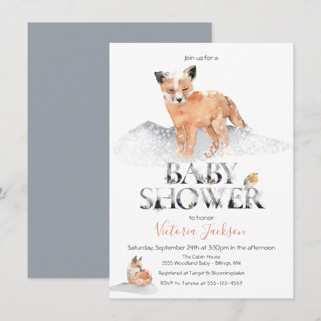 Winter woodland fox watercolor baby shower invitation (Front/Back)