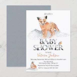 Winter woodland fox watercolor baby shower invitation