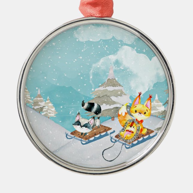 Winter Woodland Friends -Fox Hedgehog Illustration Metal Ornament (Front)