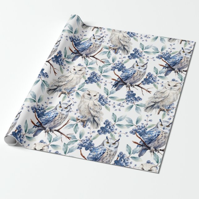 Winter Woodland Great White Owls Blue Berries Wrapping Paper (Unrolled)