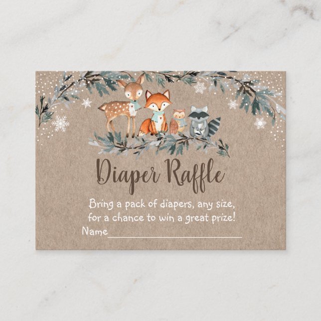 Winter Woodland Greenery Baby Shower Diaper Raffle Enclosure Card (Front)