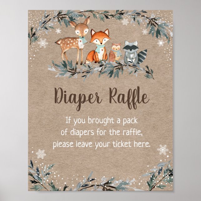 Winter Woodland Greenery Baby Shower Diaper Raffle Poster (Front)