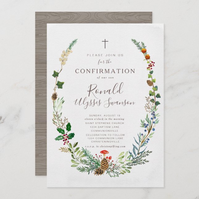 Winter Woodland Greenery Confirmation Invitation (Front/Back)