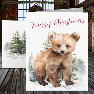 Winter Woodland Grizzly Bear Cub In A Pine Forest Holiday Card