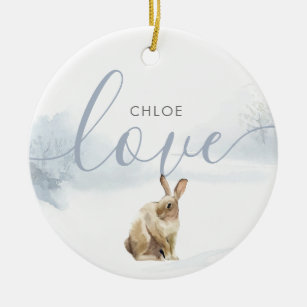Winter Woodland Hare Love Script Ceramic Ornament