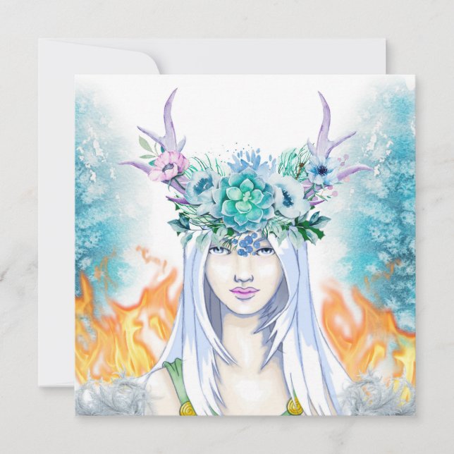 Winter Woodland Maiden Yule Fire Pagan Holiday Card (Front)