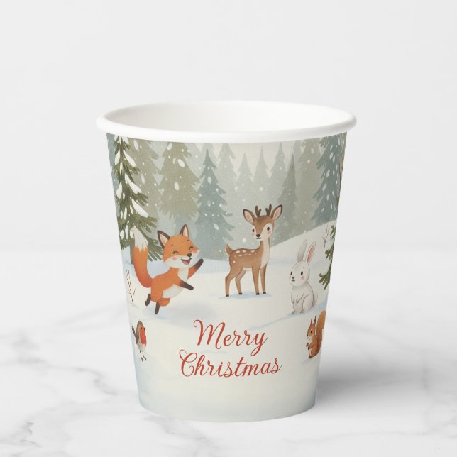Winter Woodland Merry Christmas Forest Animals Paper Cups (Front)