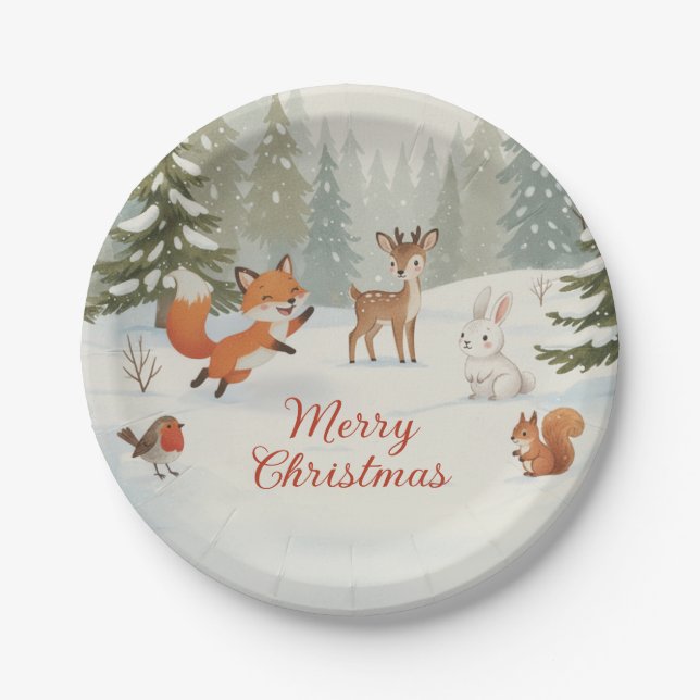 Winter Woodland Merry Christmas Forest Animals Paper Plate (Front)