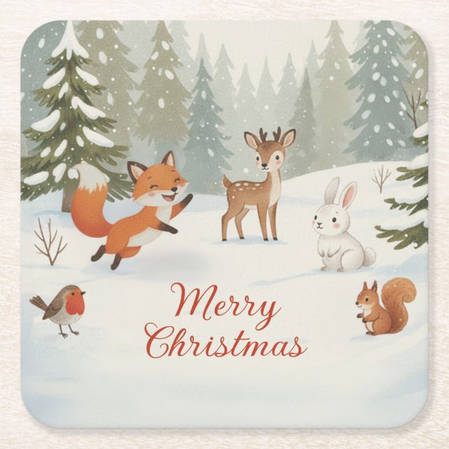 Winter Woodland Merry Christmas Forest Animals Square Paper Coaster (Front)