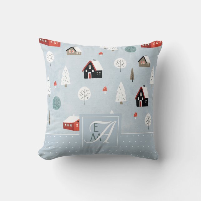 Winter Woodland Monogrammed Scandinavian Folk Art Throw Pillow (Front)