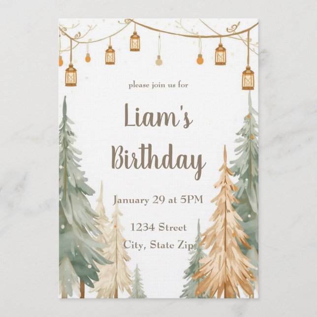 Winter Woodland Photo Birthday Invitation – Pastel (Devant)