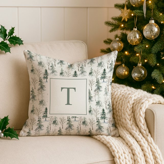 Winter Woodland Pine Tree Pattern Monogram Throw Pillow (Creator Uploaded)