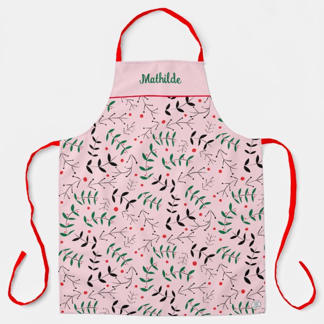 Winter Woodland Retro Personalized Pink Christmas Apron (Front)