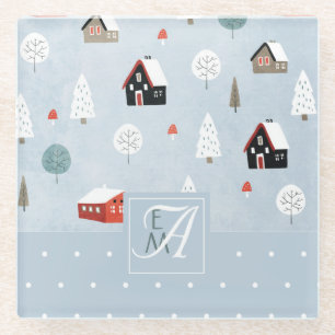 Winter Woodland Scandinavian Monogrammed Decor Glass Coaster