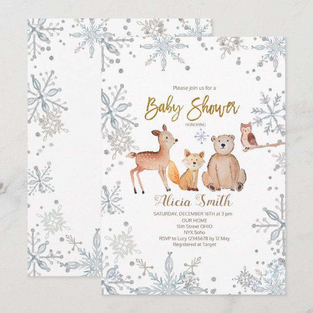 Winter Woodland Silver Baby Shower Invitation (Front/Back)