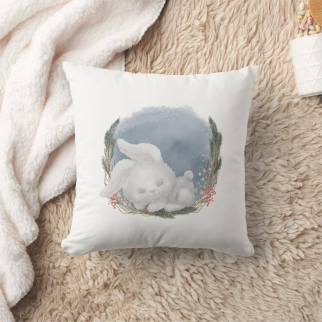 Winter Woodland Sleeping Bunny  Throw Pillow (Blanket)