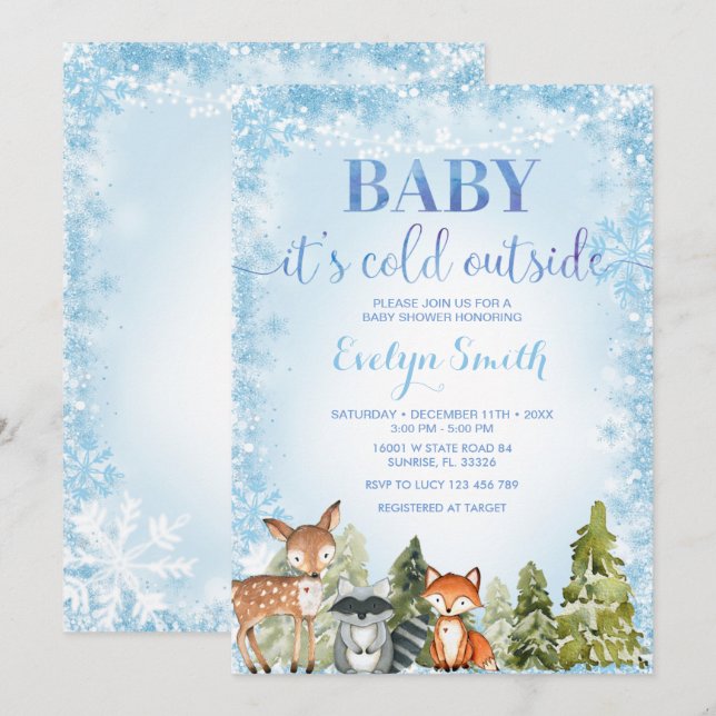 Winter Woodland Snowflake Baby Shower Invitation (Front/Back)