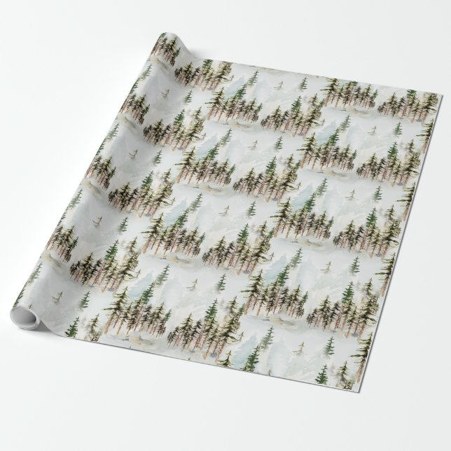Winter Woodland Snowy Pine Tree Forest Scene Wrapping Paper (Unrolled)