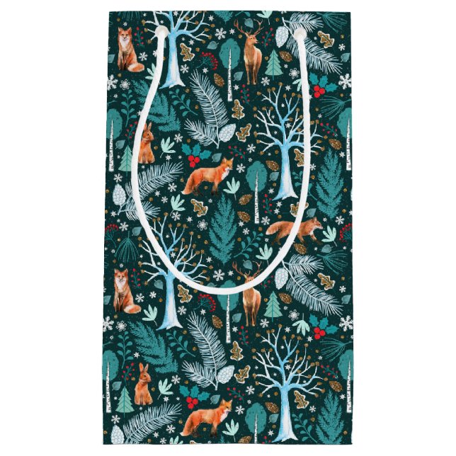 Winter Woodland Teal/Gold ID785 Small Gift Bag (Front)