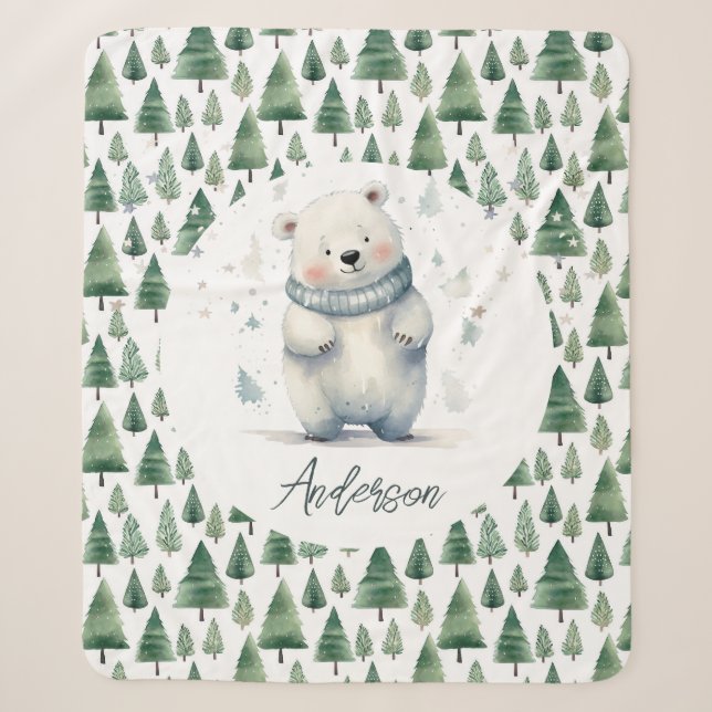 Winter Woodland Teddy Bear Name Sherpa Blanket (Front)