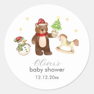 Winter Woodland Teddy Bear Snowman Baby Shower Classic Round Sticker