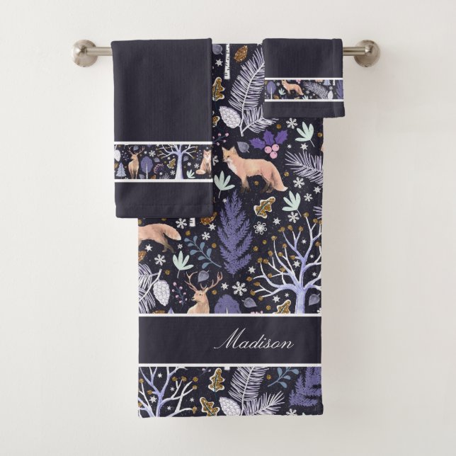 Winter Woodland Violet/Gold ID785 Bath Towel Set (Insitu)