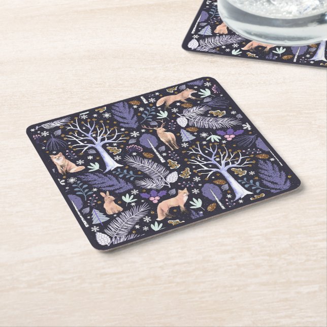 Winter Woodland Violet/Gold ID785 Square Paper Coaster (Angled)