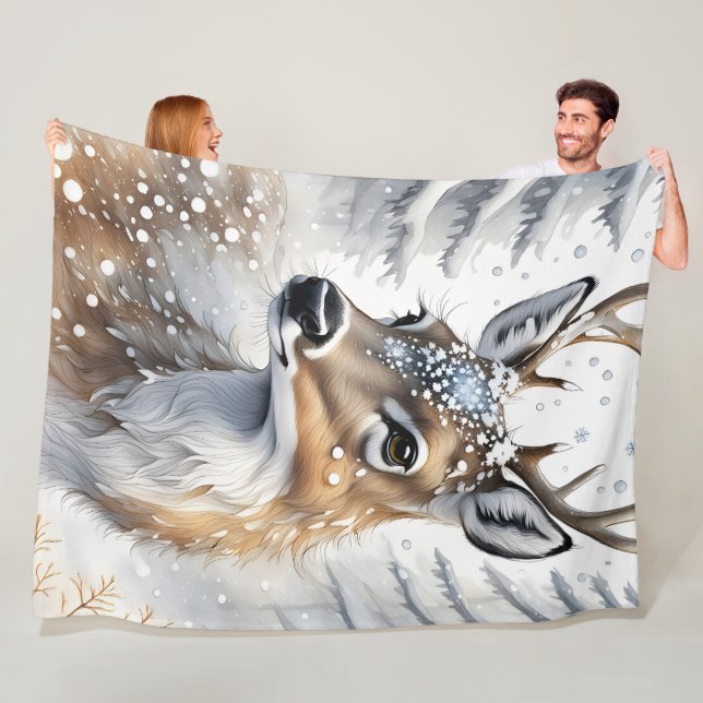 Winter Woodland Watercolor Christmas Deer Fleece Blanket (In Situ)