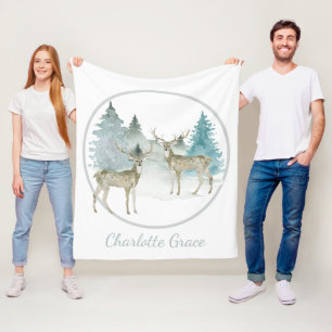 Winter Woodland Watercolor Christmas Deer Fleece Blanket