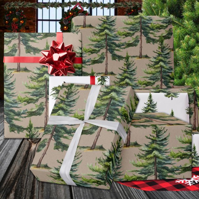 Winter Woodland Watercolour Fir Tree Forest Kraft Wrapping Paper (Winter Woodland Watercolour Pine Tree Forest Kraft Wrapping Paper Rolls)