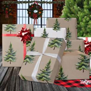 Winter Woodland Watercolour Fir Trees Kraft Wrapping Paper