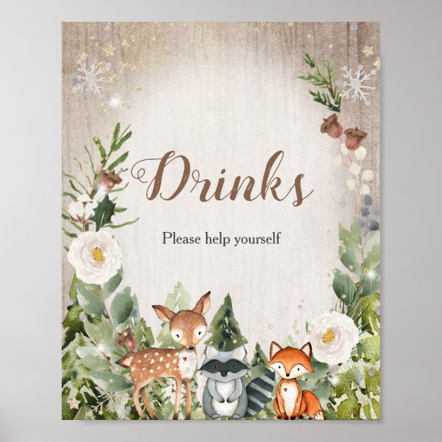 Winter Woodland White Floral Take a Drinks Sign (Front)
