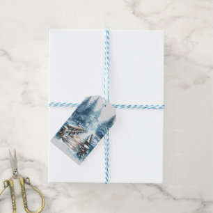 Winter Woods Blue Bridge Over River Christmas Gift Tags