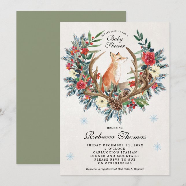 winter wreath and fox baby shower invitation (Front/Back)