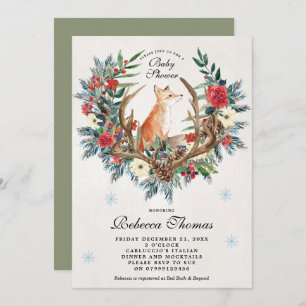 winter wreath and fox baby shower invitation
