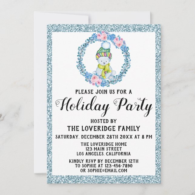 Winter Wreath Christmas Holiday Party Blue Glitter Invitation (Front)