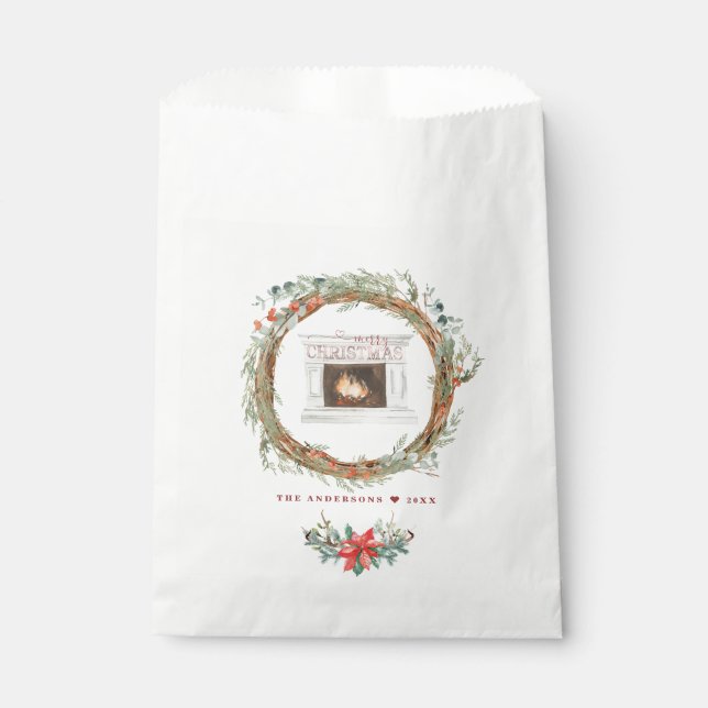 Winter Wreath Cozy Fireplace Merry Christmas Favour Bag (Front)