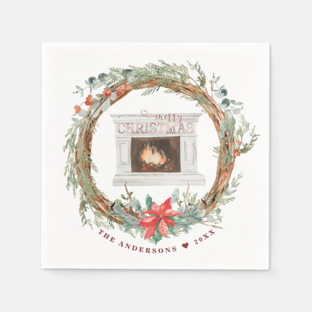 Winter Wreath Cozy Fireplace Merry Christmas Napkin (Front)