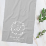Winter Wreath Family Name Monogram Grey Kitchen Towel<br><div class="desc">Custom-designed kitchen hand towel featuring personalized monogram encircled in winter white botanical wreath.</div>