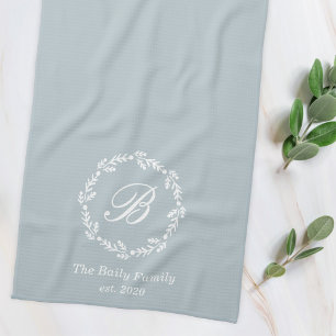 Winter Wreath Family Name Monogram Monogram Blue Kitchen Towel