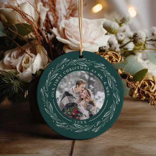 Winter Wreath   First Married Christmas Photo Ceramic Ornament