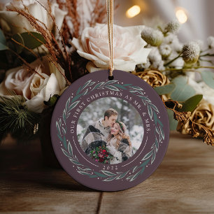 Winter Wreath First Married Christmas Photo Ceramic Ornament