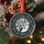 Winter Wreath | First Married Christmas Photo Metal Ornament<br><div class="desc">A perfect gift for newlyweds, this elegant Christmas ornament features a treasured wedding photo encircled by a wreath of dark green leaves and white berries. "Our first Christmas as Mr. & Mrs." curves over the top of the photo, with the year beneath. Customize with a wedding photo to create a...</div>
